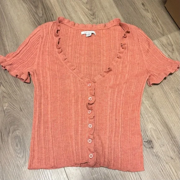 American Eagle Ruffle Coral Button-Up Women's Top Size Small - Picture 1 of 3